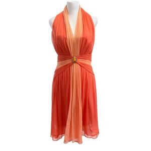 Maggy London Y2K Fairy 100% Silk Chiffon Halter Orange Pink Sherbet 12P NWT